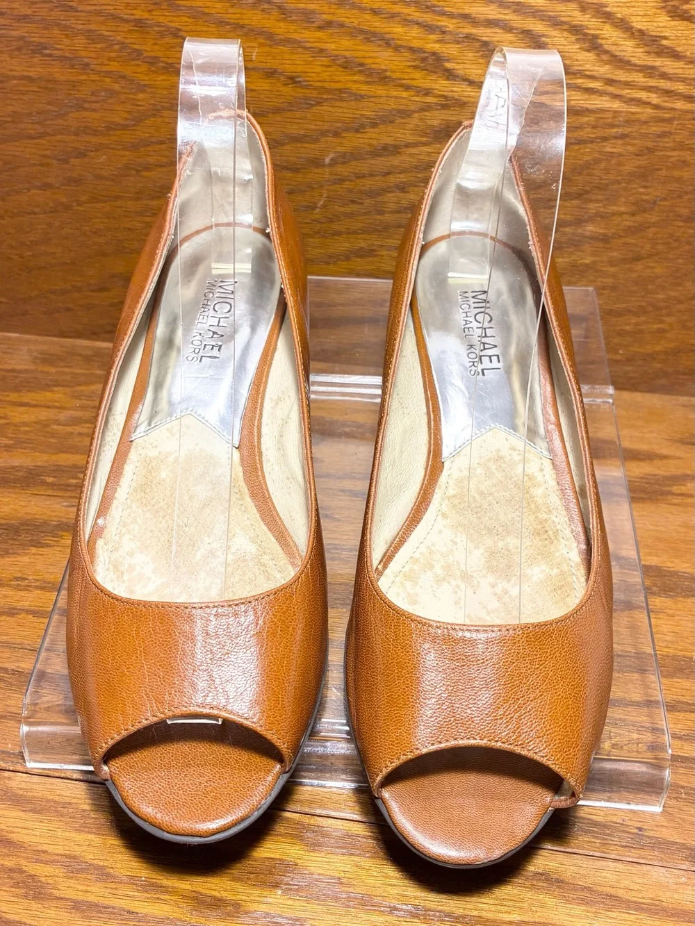 Michael Kors Peep Toe Wedge Pumps Cognac Brown Leather Size 8